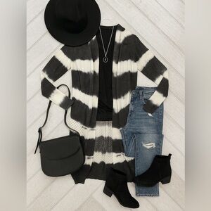 Belldini Women’s Black White Striped Ombre Longline Open Knit Cardigan Sweater M